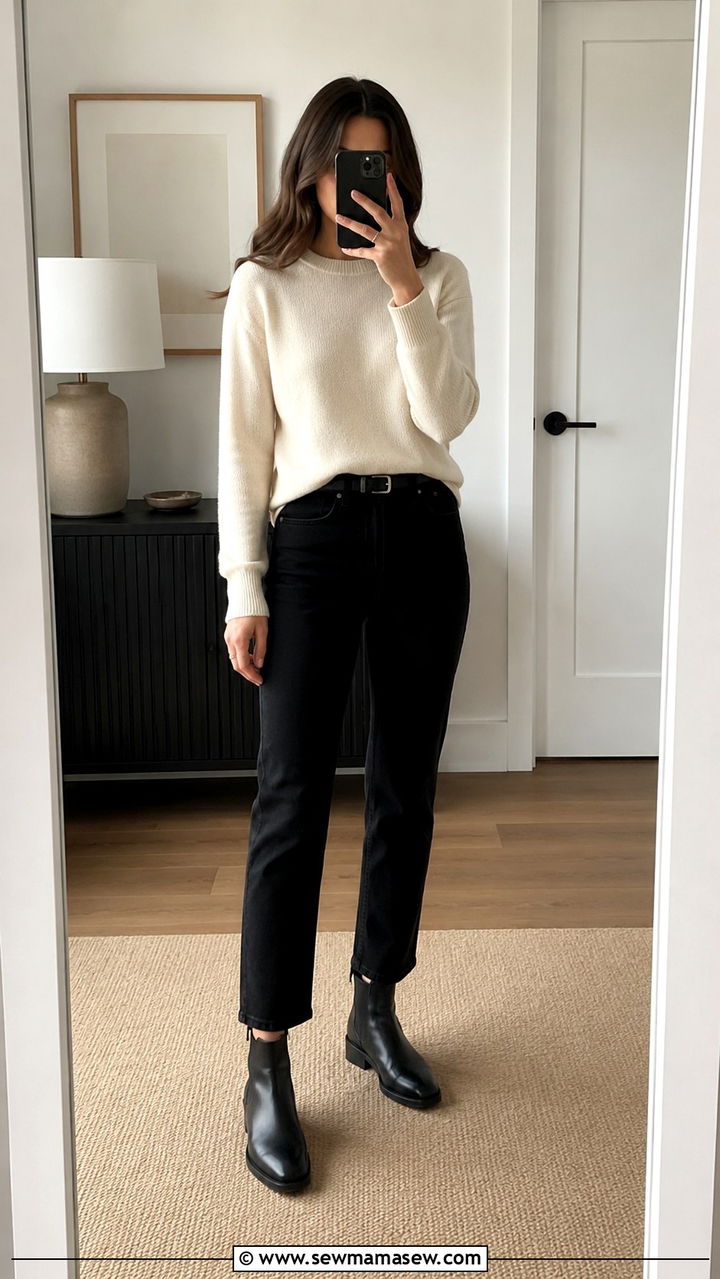 Cashmere crewneck with black straight leg jeans - 30 Sweater outfit ideas petite