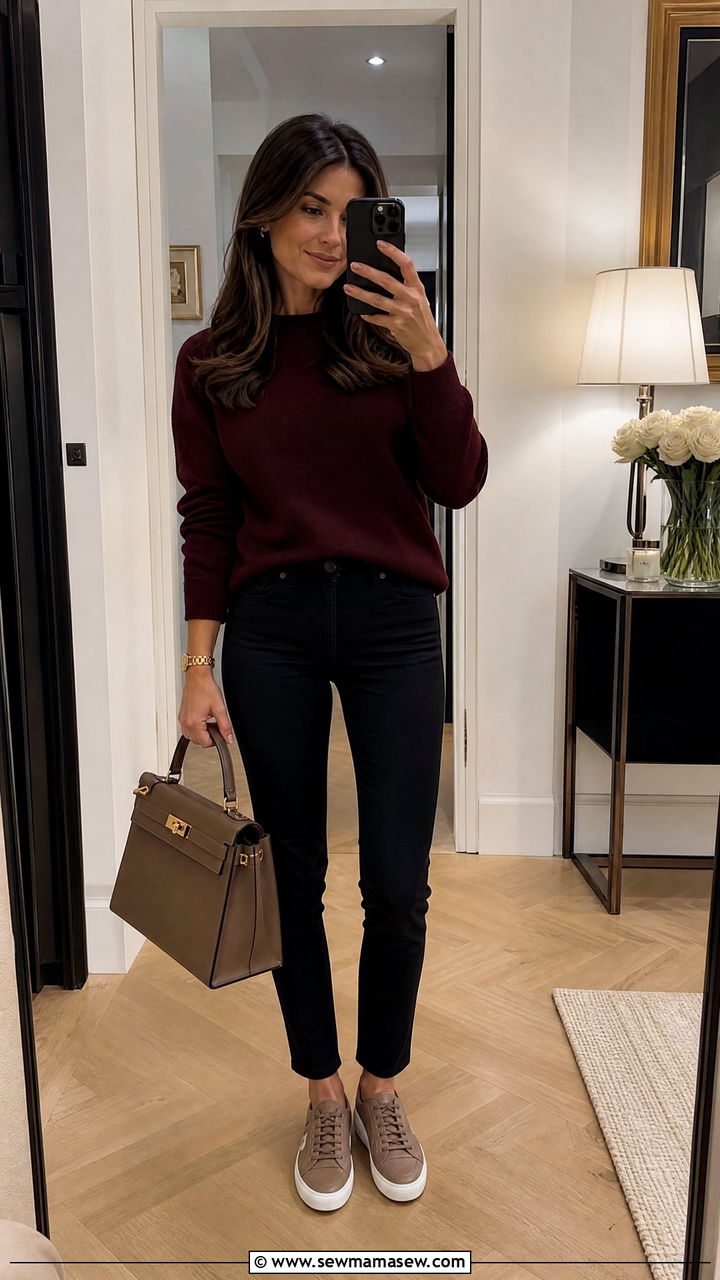 Cashmere crewneck with cigarette jeans and leather sneakers - 35 Jeans and sneakers outfit ideas over 40