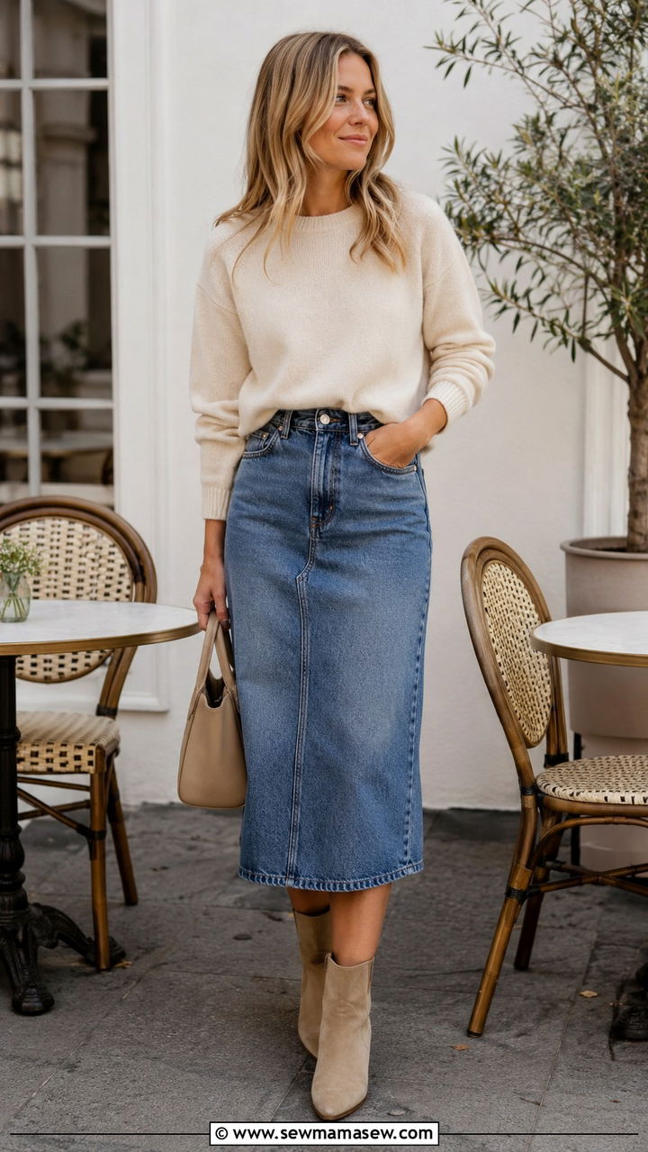 Cashmere crewneck with denim skirt outfit - 30 scandinavian capsule wardrobe outfits