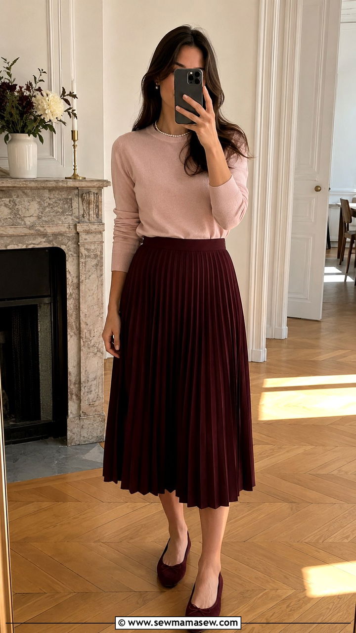Cashmere crewneck with pleated midi skirt - 30 Modest wardrobe essentials 2026