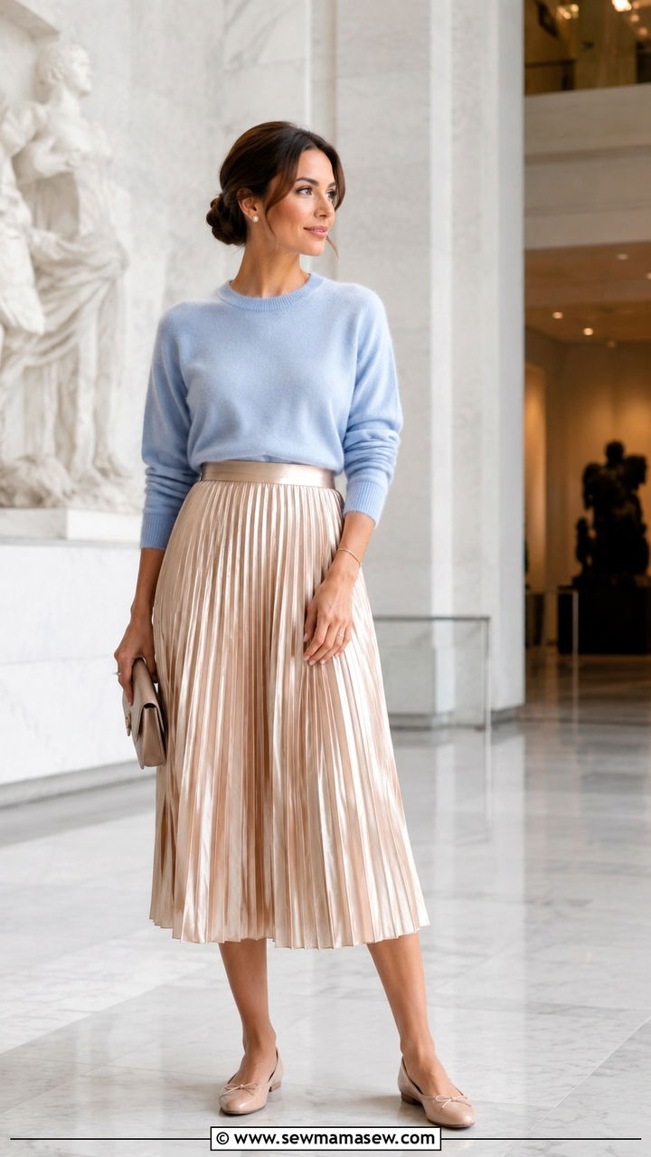 Cashmere crewneck with pleated skirt outfit for 30 year old woman - 25 Outfit ideas for 30 year old woman