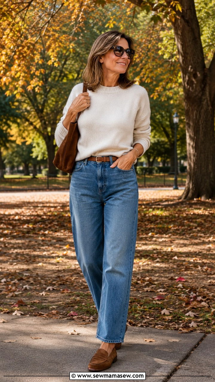 Cashmere crewneck with relaxed denim and suede loafers - 25 model off duty outfit ideas for women over 40