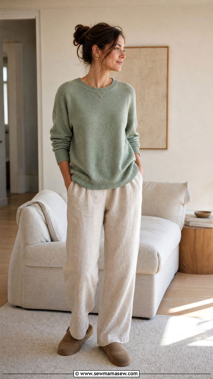 Cashmere crewneck with relaxed linen pants - 35 Hygge loungewear outfit ideas
