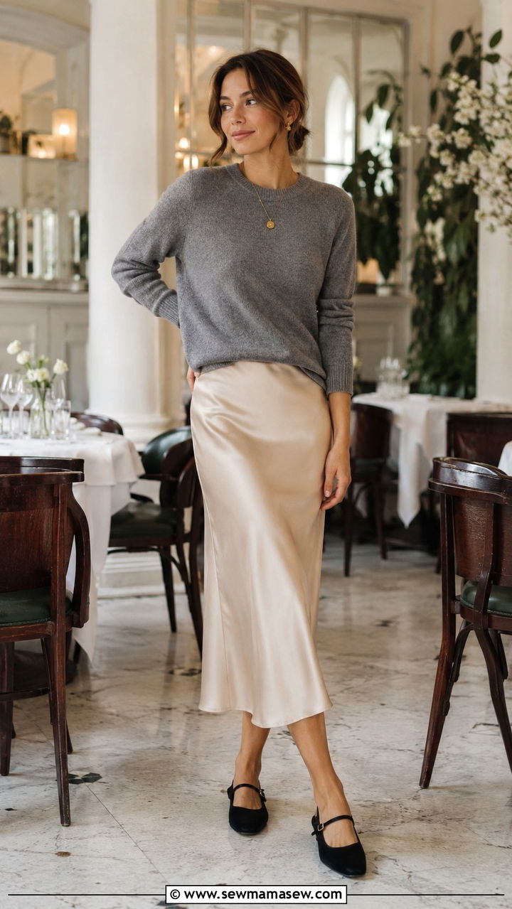 Cashmere crewneck with satin midi skirt - 25 Old money outfit ideas with Mary Jane flats