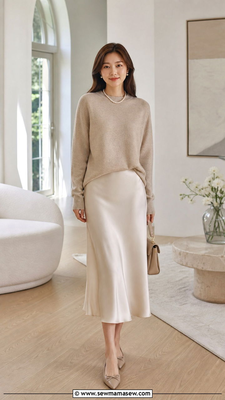 Cashmere crewneck with satin midi skirt - 40 classy outfits for women
