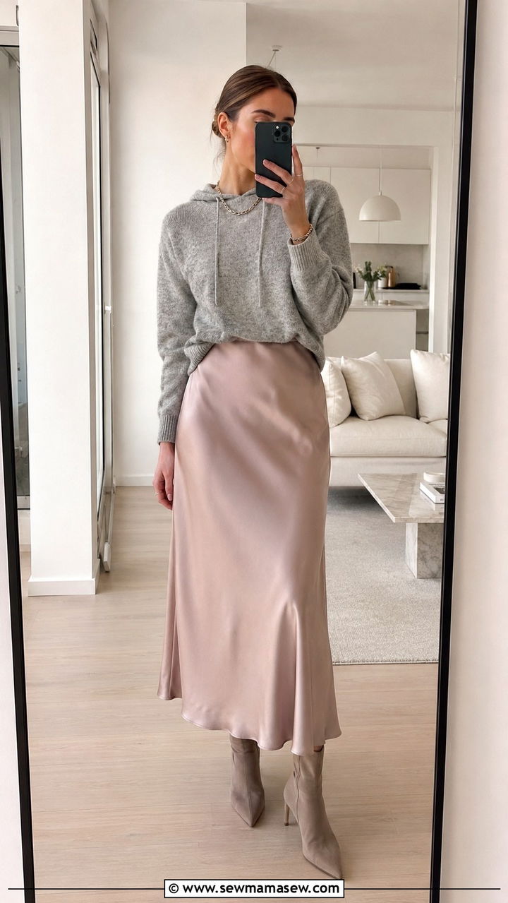 Cashmere hoodie and slip skirt - 30 Danish cozy outfit ideas