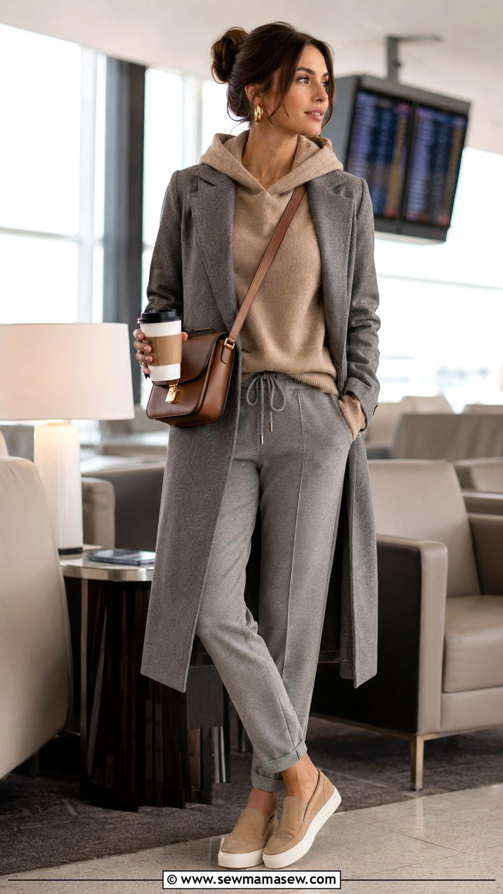 Cashmere hoodie and tailored joggers airport outfit - 20 Airport outfit ideas CDG Paris