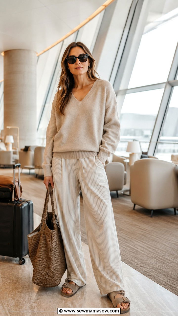 Cashmere jumper and pajama style trousers - 25 Airport outfit ideas for business class
