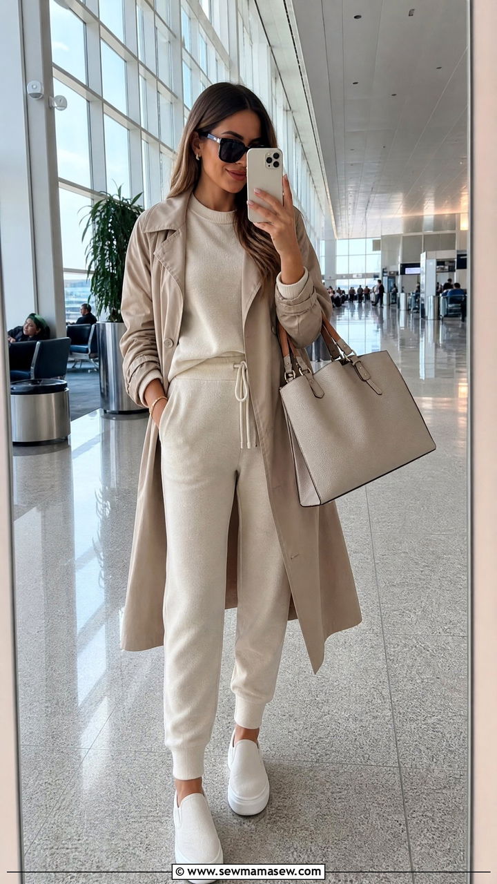 Cashmere lounge set with trench coat for airport travel - 25 Travel outfit ideas for honeymoon