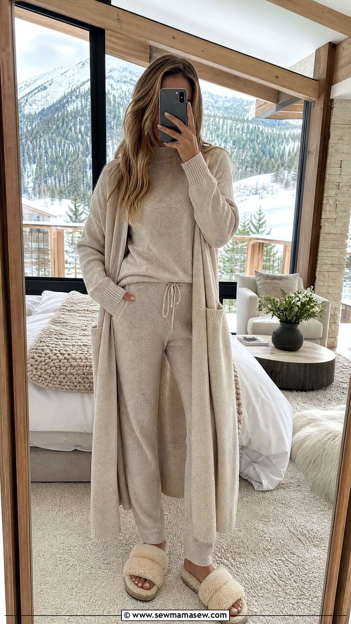 Cashmere matching lounge set outfit - 30 Cozy chalet outfit ideas