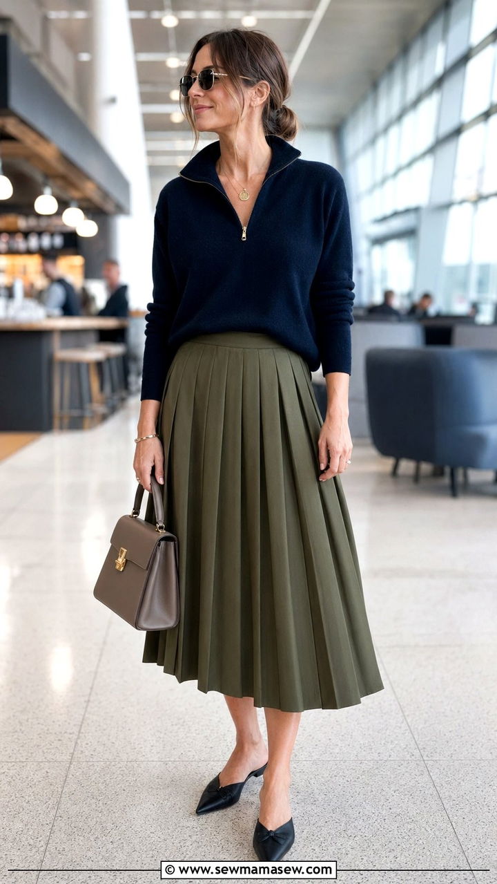 Cashmere polo with pleated midi skirt - 35 Airport outfit ideas quiet luxury