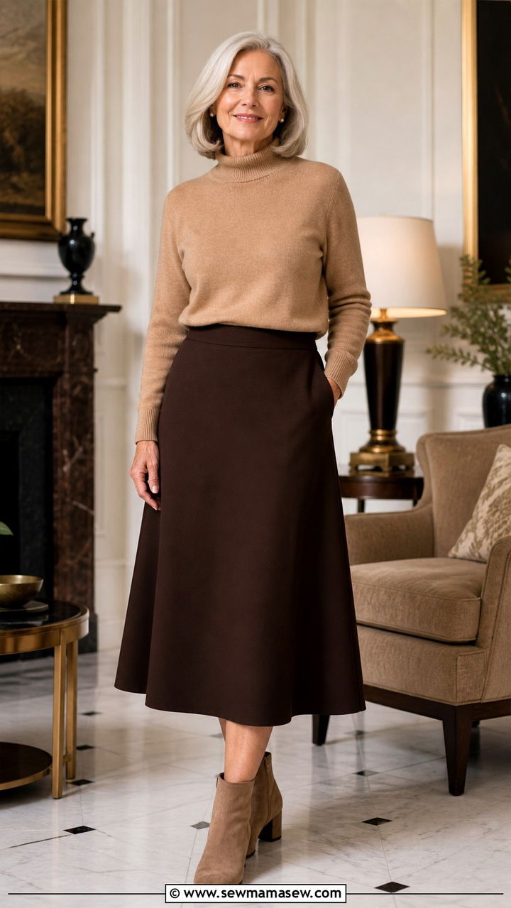 Cashmere sweater and A line skirt outfit for women over 60 - 40 How to dress in your 60s