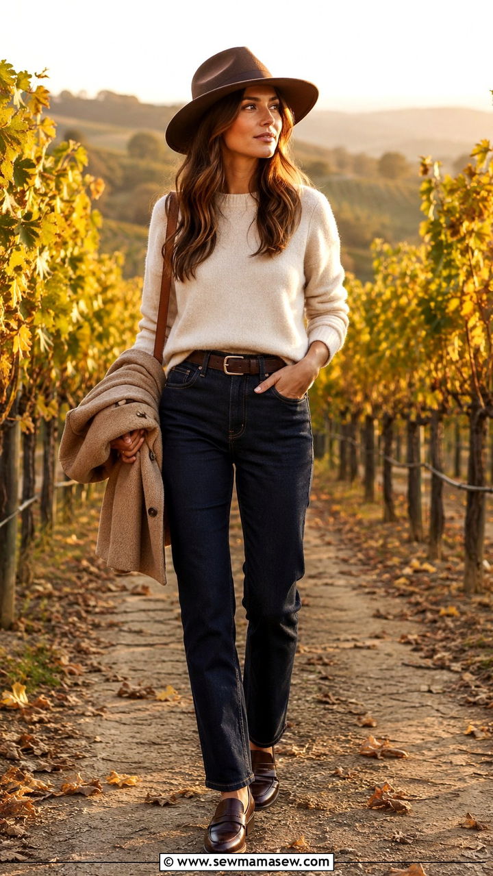 Cashmere sweater and dark denim outfit - 30 Travel capsule wardrobe ideas
