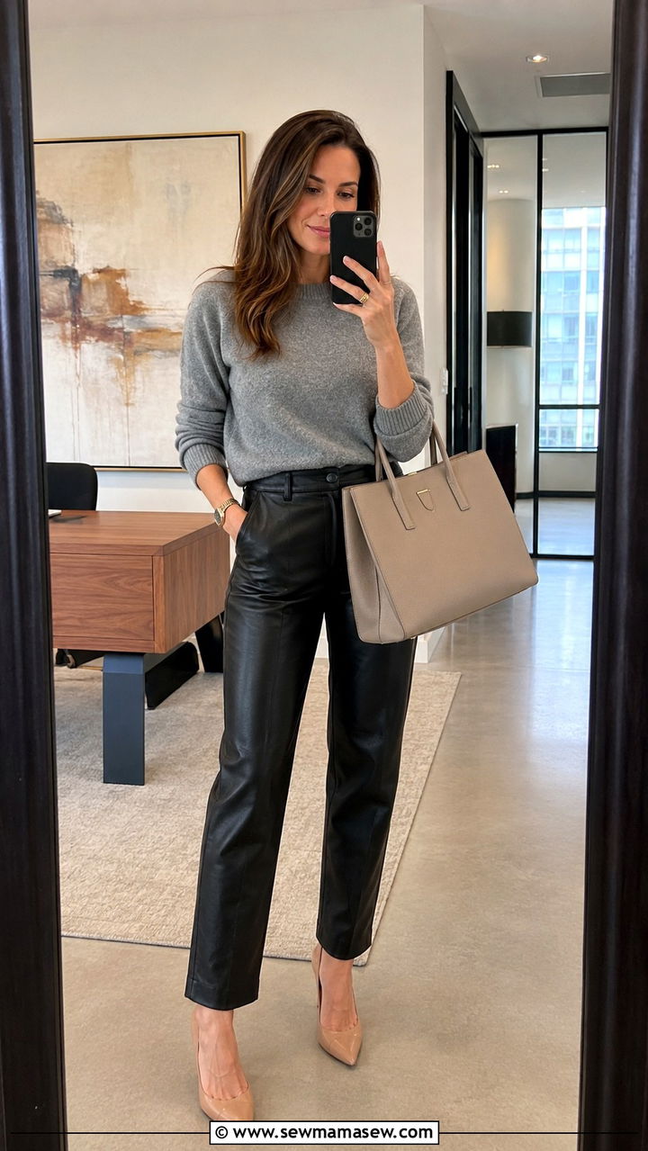 Cashmere sweater and leather pants with heeled pumps - 30 Leather pants outfit ideas with heels