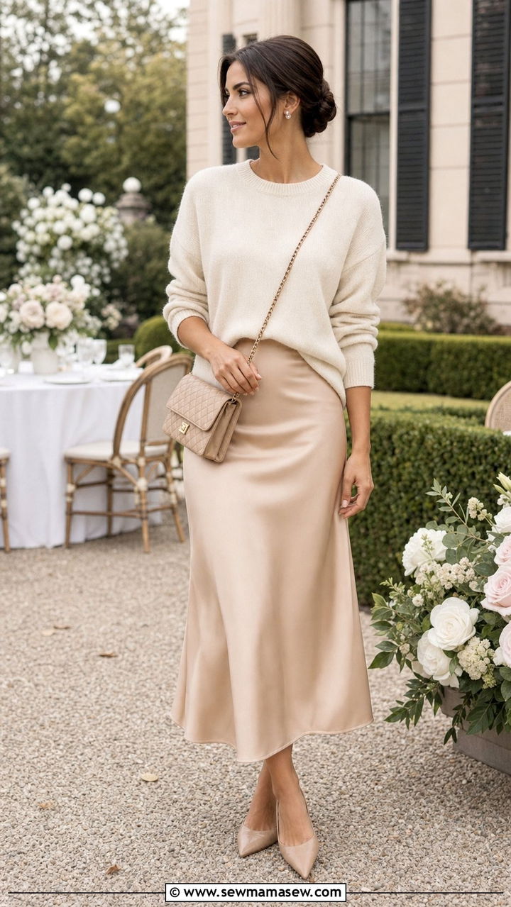 Cashmere sweater and satin midi skirt old money outfit - 25 cute old money outfits