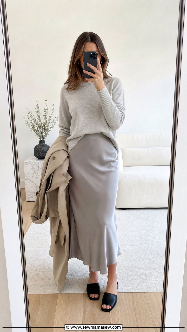 Cashmere sweater and satin midi skirt outfit - 25 Quiet luxury outfit ideas spring 2026
