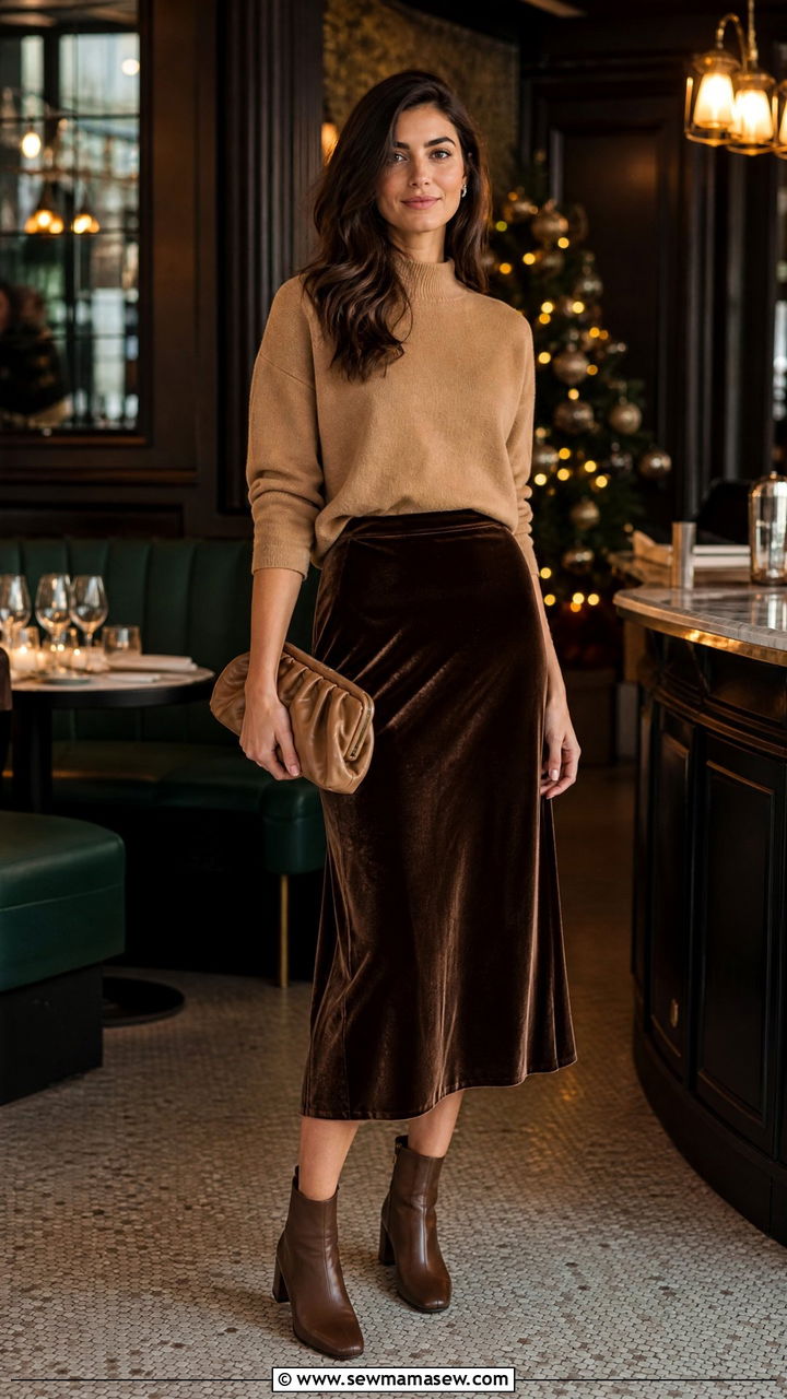 Cashmere sweater and velvet midi skirt - 30 modest brunch outfit ideas