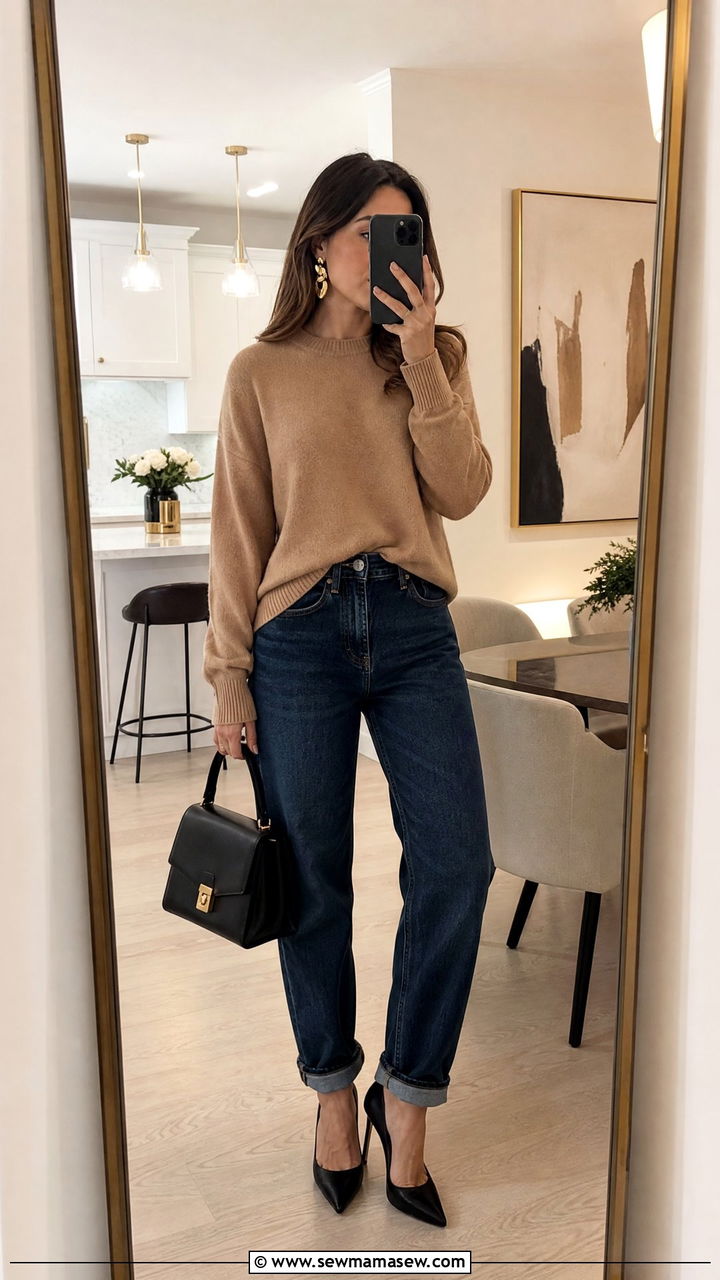 Cashmere sweater with boyfriend jeans and pointed toe heels - 25 Boyfriend jeans outfit ideas with a sweater