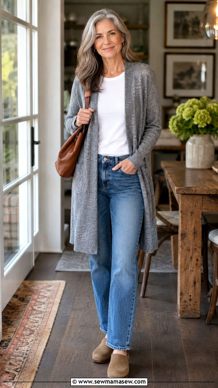 Cashmere sweater with coated jeans over 50 - 30 Midsize outfits for women over 50