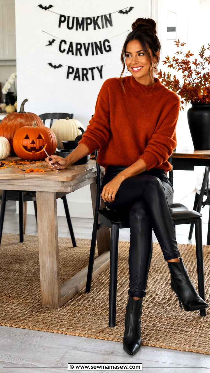 Cashmere sweater with coated leather look pants and pointed toe boots - 30 Pumpkin carving party outfit ideas