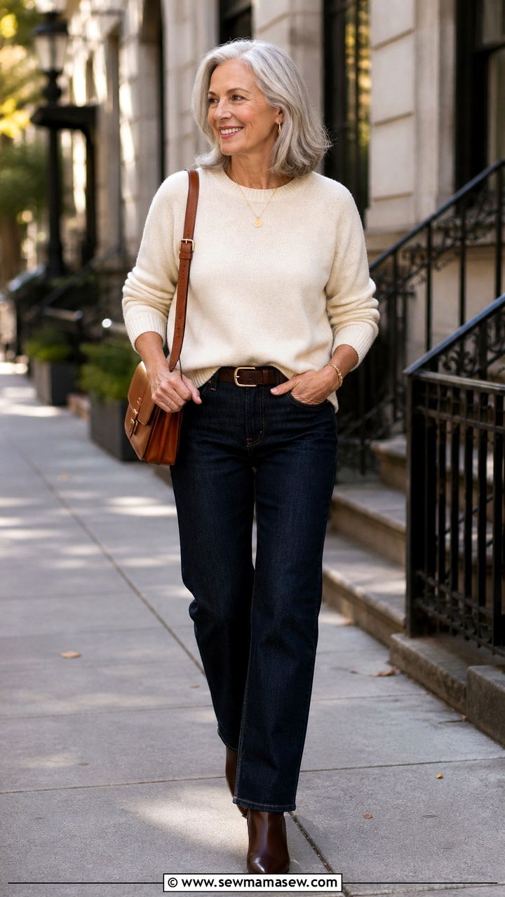 Cashmere sweater with dark jeans outfit - 20 60 year old woman outfit ideas