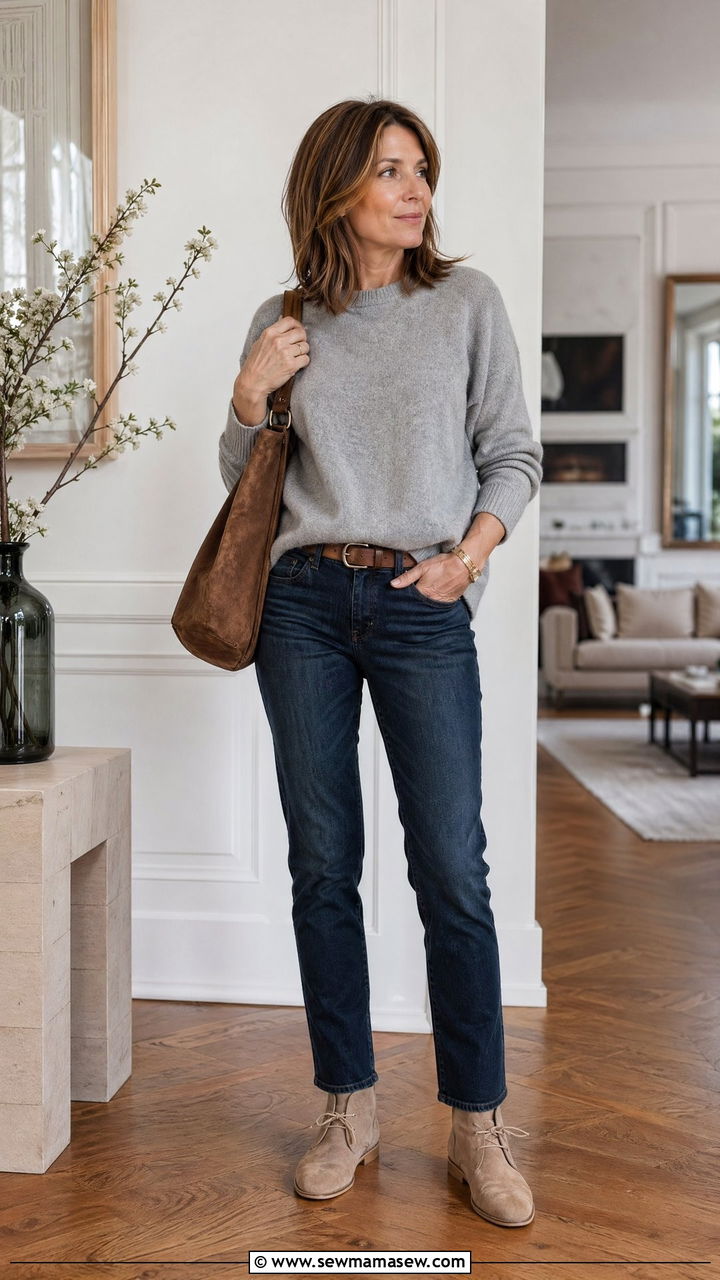 Cashmere sweater with dark wash jeans - 35 French girl outfit ideas for women over 40