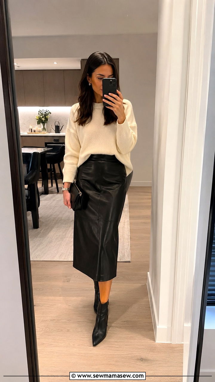 Cashmere sweater with leather midi skirt - 30 Office party outfit ideas