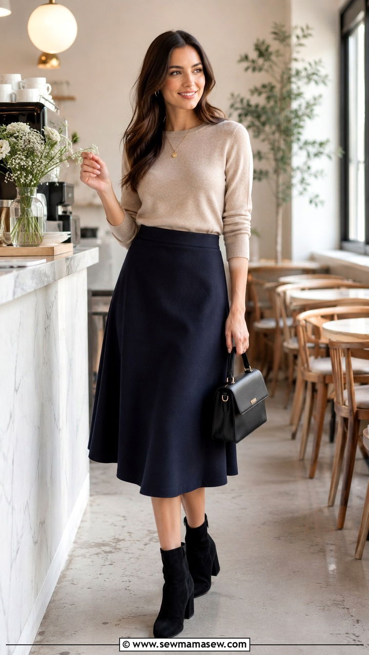 Cashmere sweater with midi skirt and ankle boots - 30 Sweater outfit ideas for work