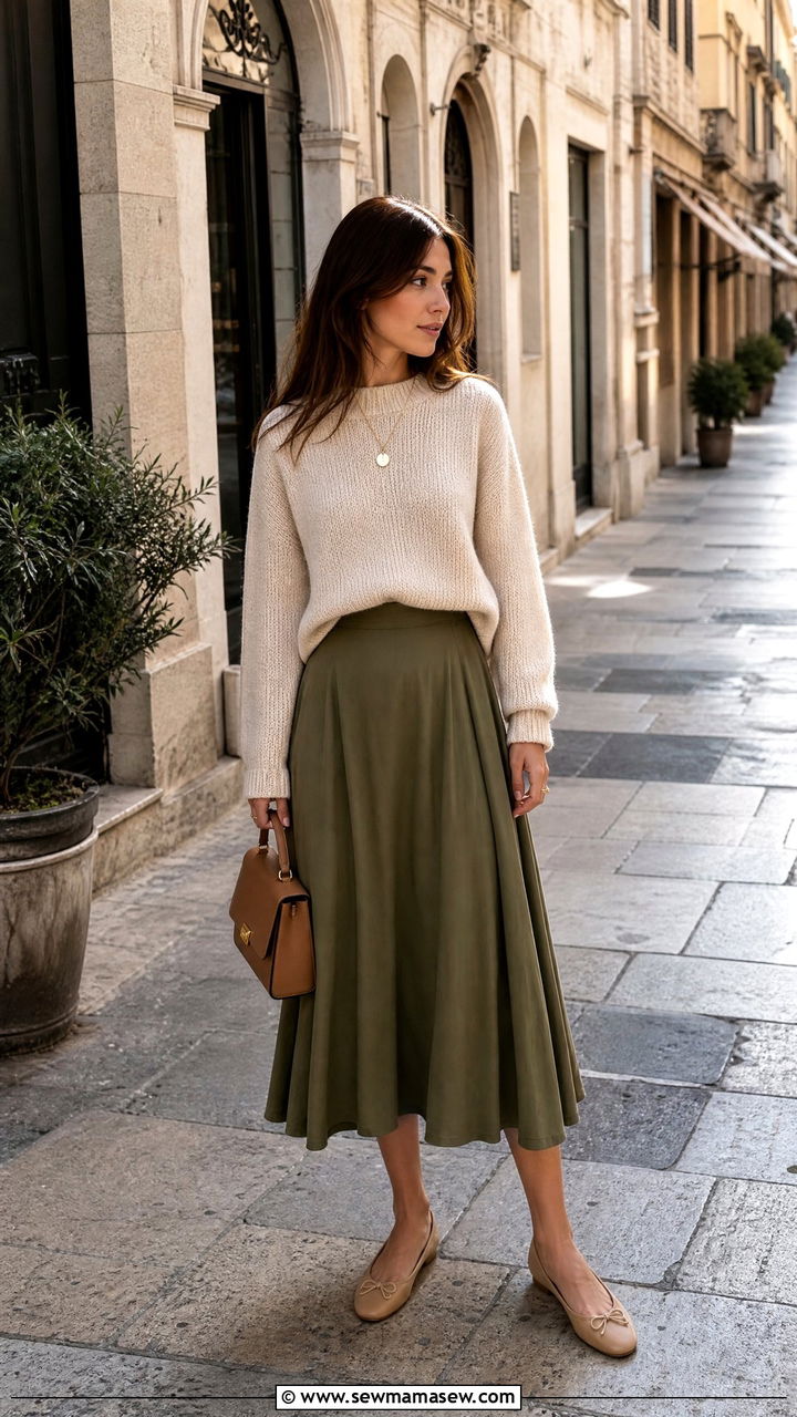 Cashmere sweater with midi skirt and ballet flats - 25 casual Italy outfits