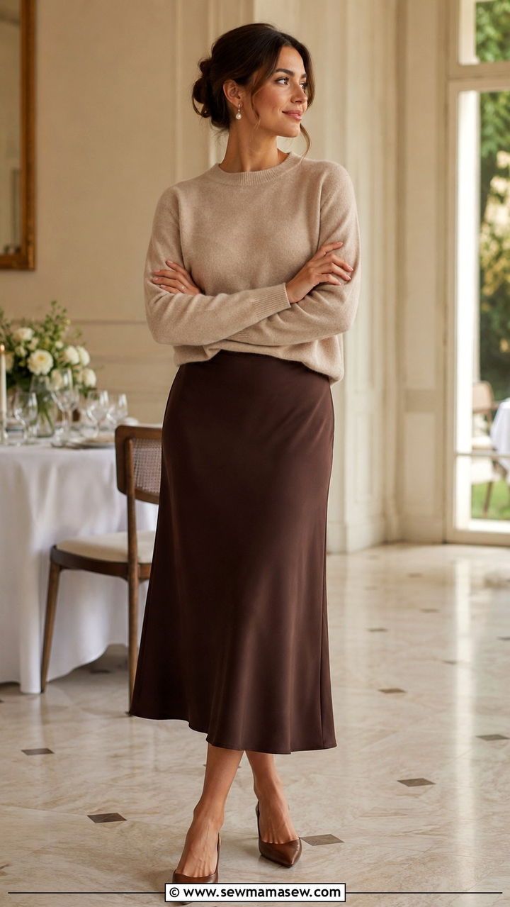 Cashmere sweater with midi skirt and slingback heels - 30 Midi skirt outfit ideas with a sweater