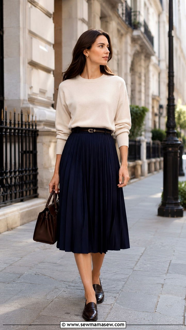 Cashmere sweater with pleated midi skirt - 30 Old money work outfit ideas