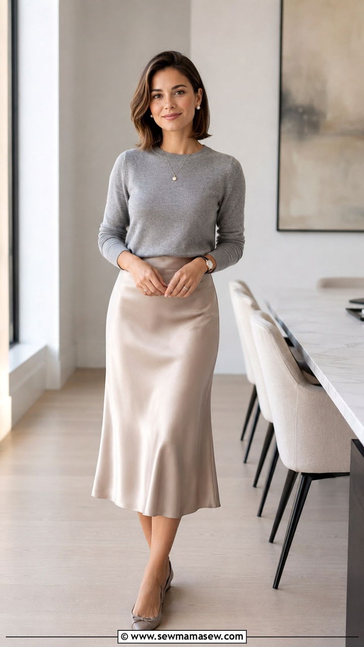 Cashmere sweater with satin midi skirt outfit - 25 Petite Parisian outfit ideas