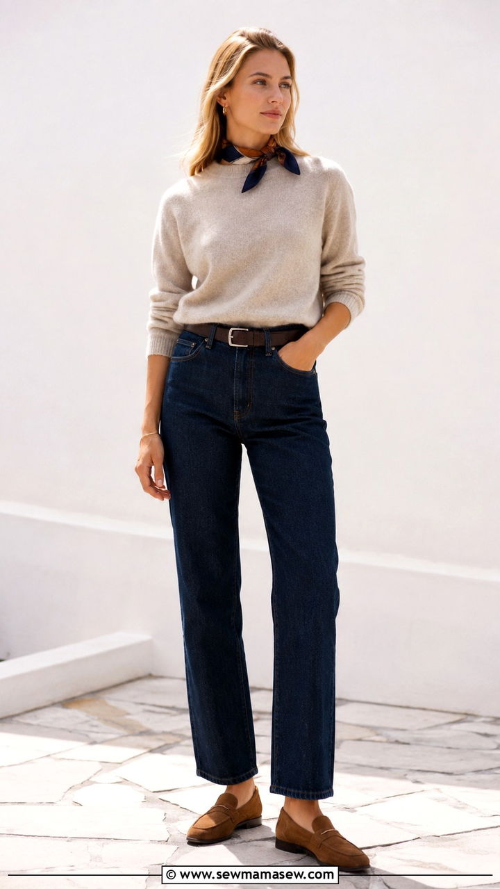 Cashmere sweater with silk neck scarf - 25 Old money outfit ideas with silk scarf