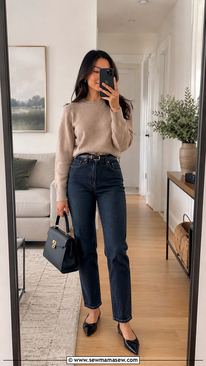 Cashmere sweater with straight jeans petite - 30 classy outfits for short women