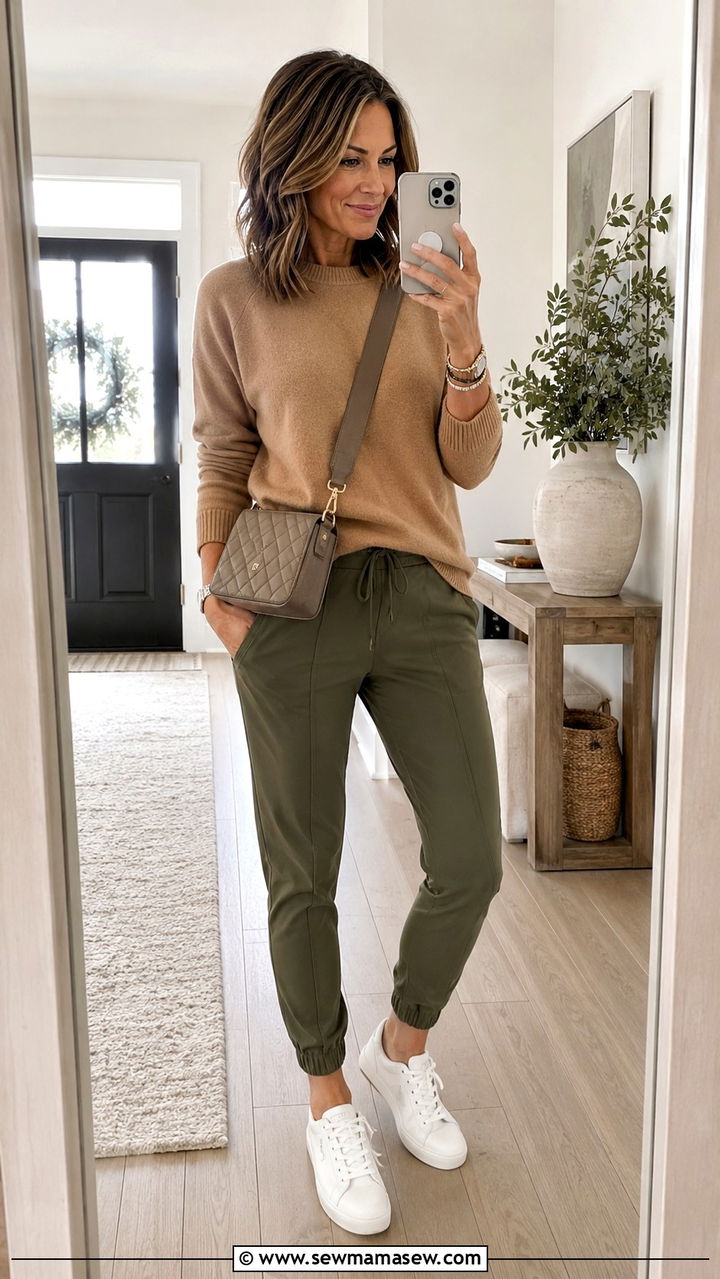 Cashmere sweater with tailored joggers and sneakers - 30 Outfit ideas for women over 40 errands