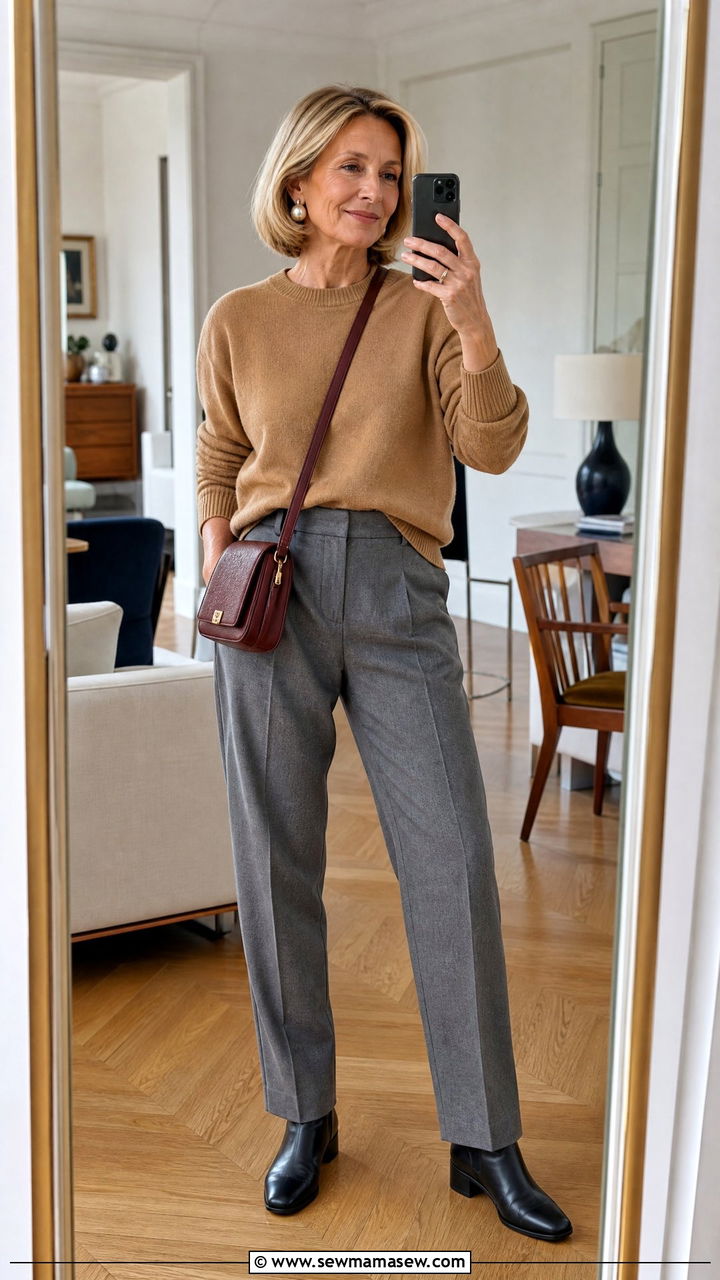 Cashmere sweater with tailored trousers - 30 French girl outfit ideas for women over 60