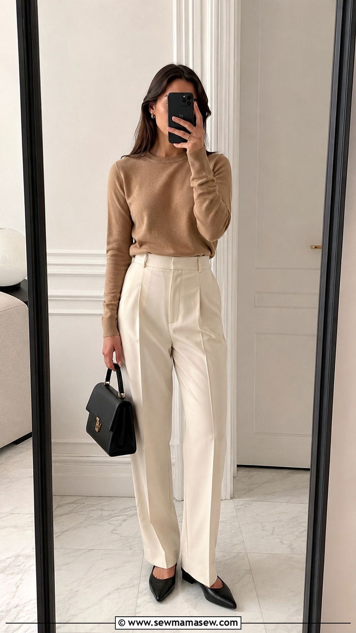 Cashmere sweater with tailored trousers and pointed flats - 30 Sweater outfit ideas for women over 40