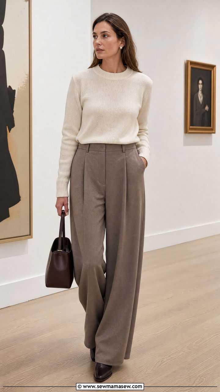 Cashmere sweater with wide leg trousers - 25 Old money outfit ideas with trousers