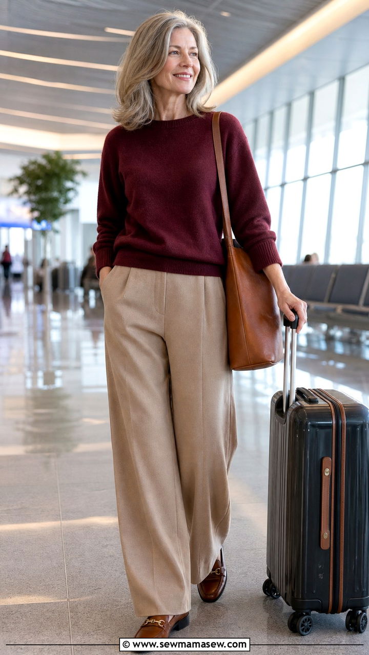 Cashmere sweater with wide leg trousers and leather loafers - 20 Airport outfit ideas for women over 60