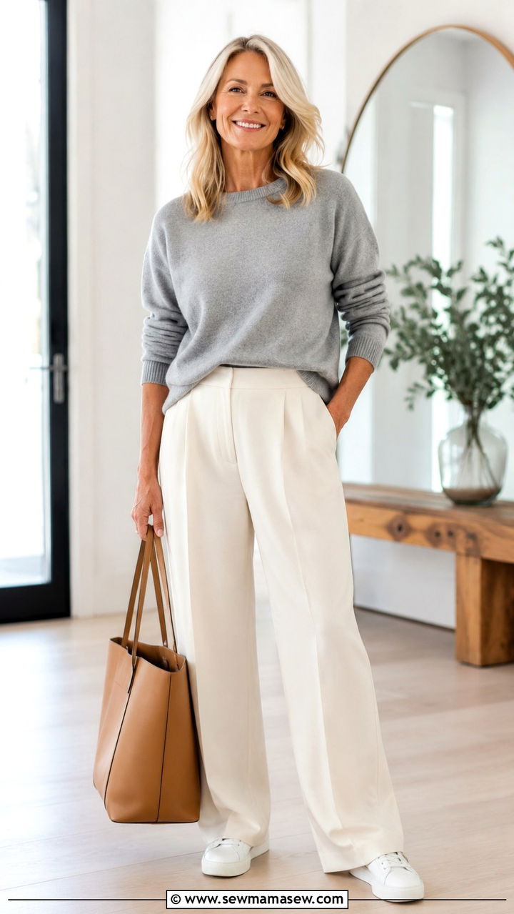 Cashmere sweater with wide leg trousers and sneakers - 25 Outfit ideas for women over 50 elevated casual