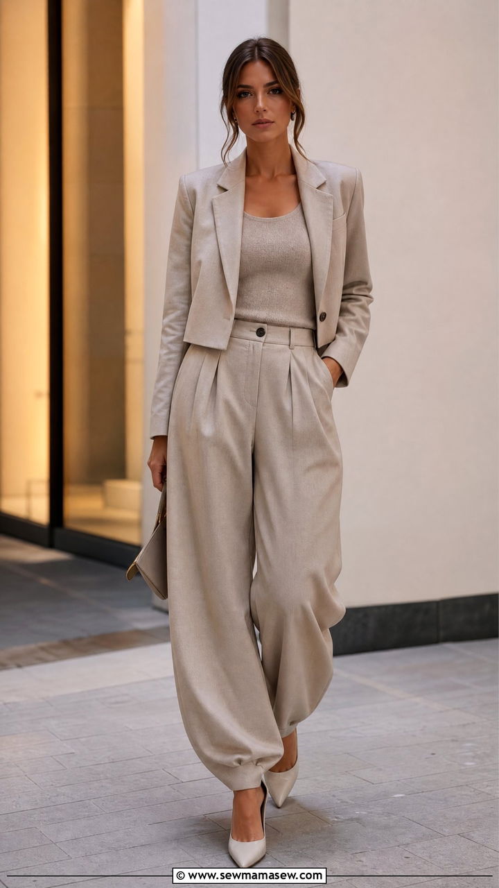 Cashmere tank and cropped blazer with tailored balloon trousers - 25 how to style balloon pants outfits