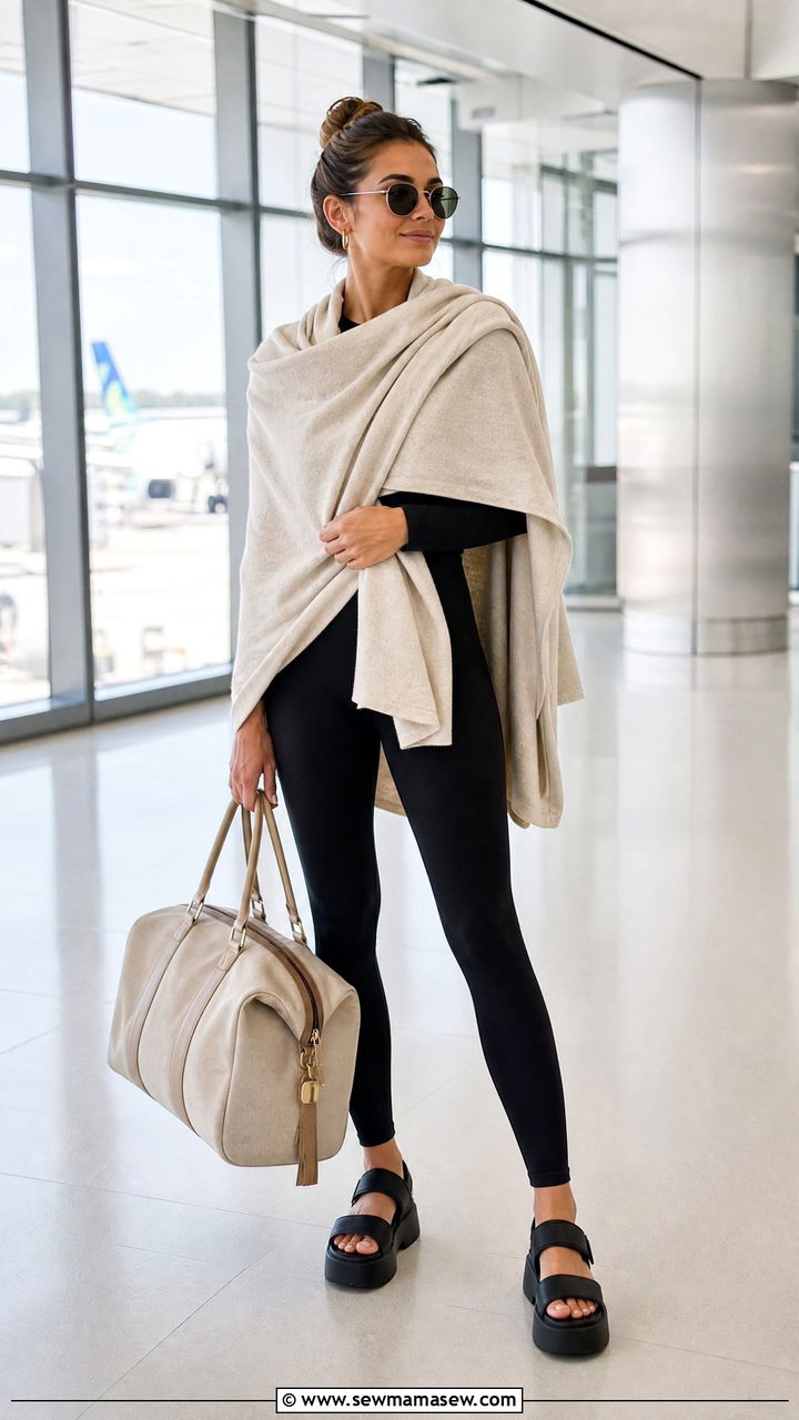 Cashmere travel wrap with black leggings - 35 Miami airport outfit ideas
