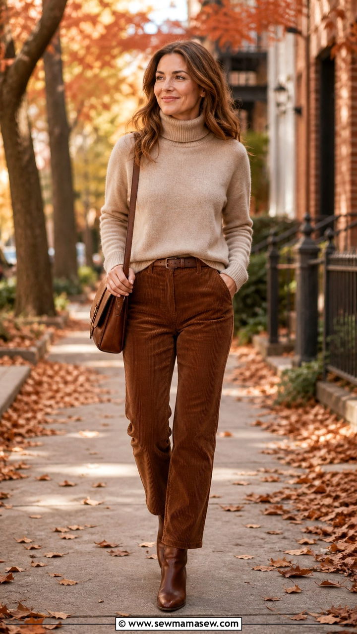 Cashmere turtleneck with corduroy trousers - 40 classy outfits for women