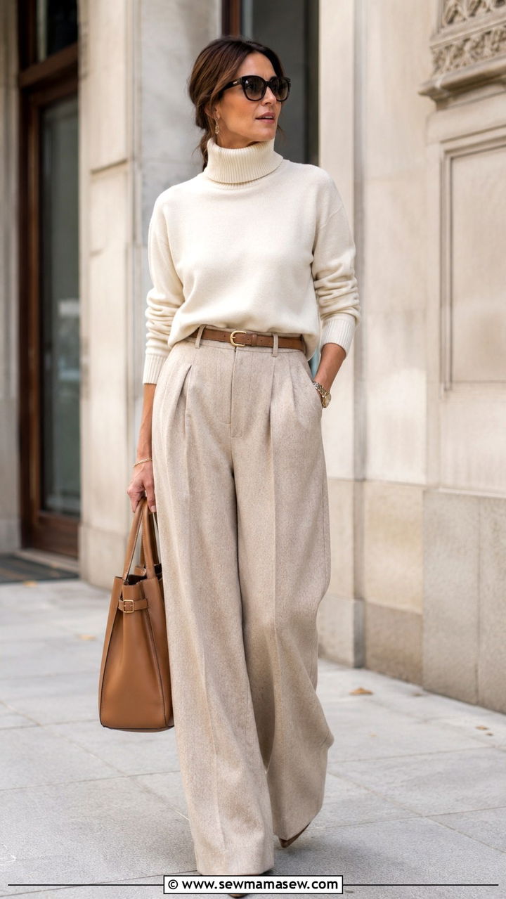 Cashmere turtleneck with wide leg trousers outfit - 25 Quiet luxury outfit ideas for women over 40
