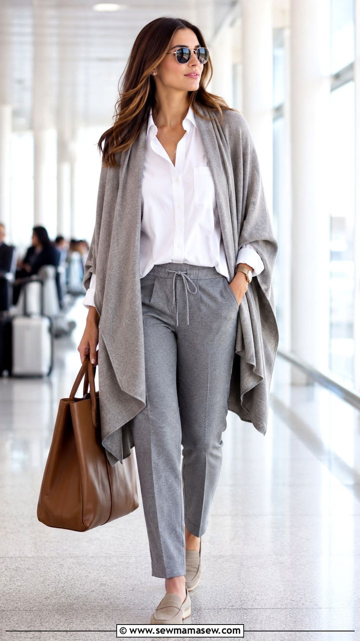 Cashmere wrap layered over a button down shirt and tailored sweatpants - 30 Loungewear outfit ideas for airport