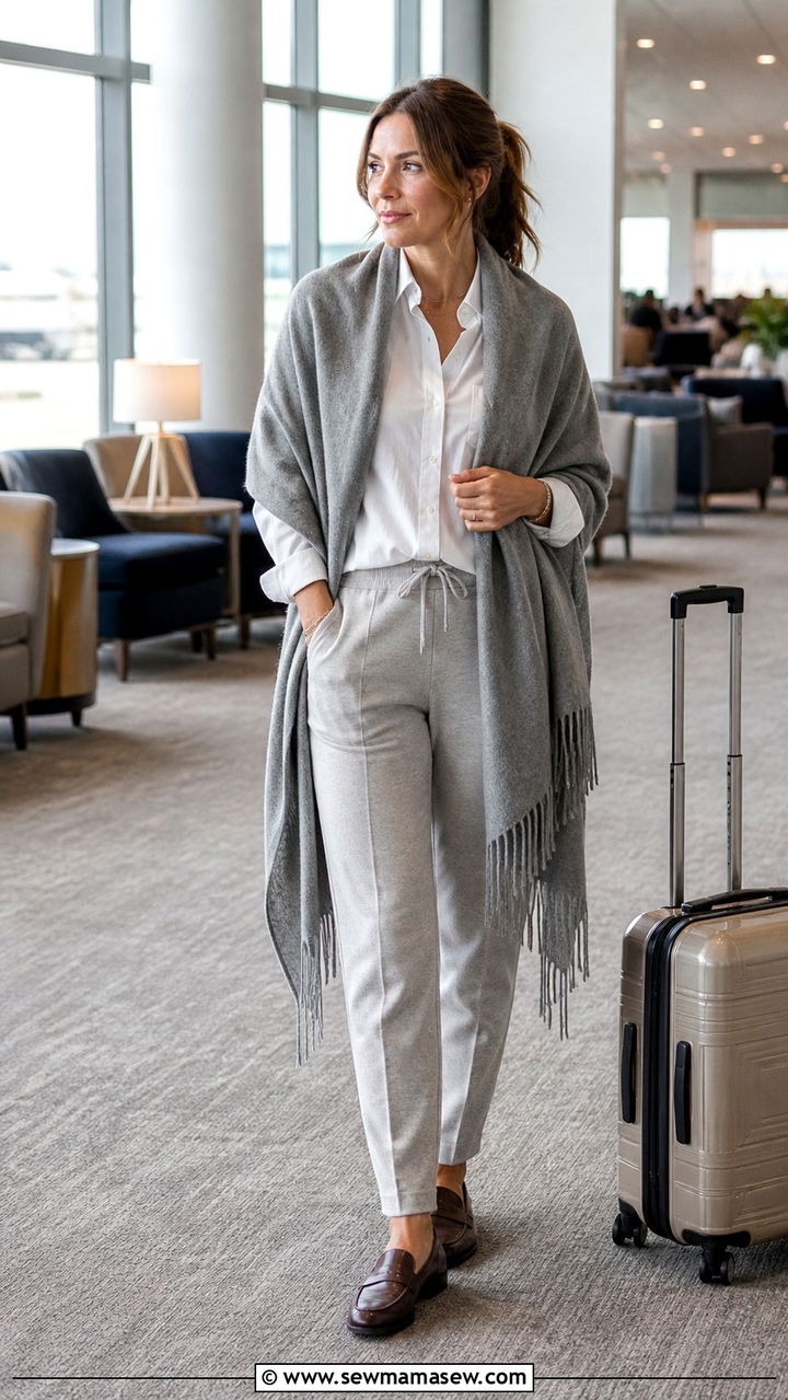 Cashmere wrap over dress shirt and sweatpants long flight - 40 Long flight outfit ideas
