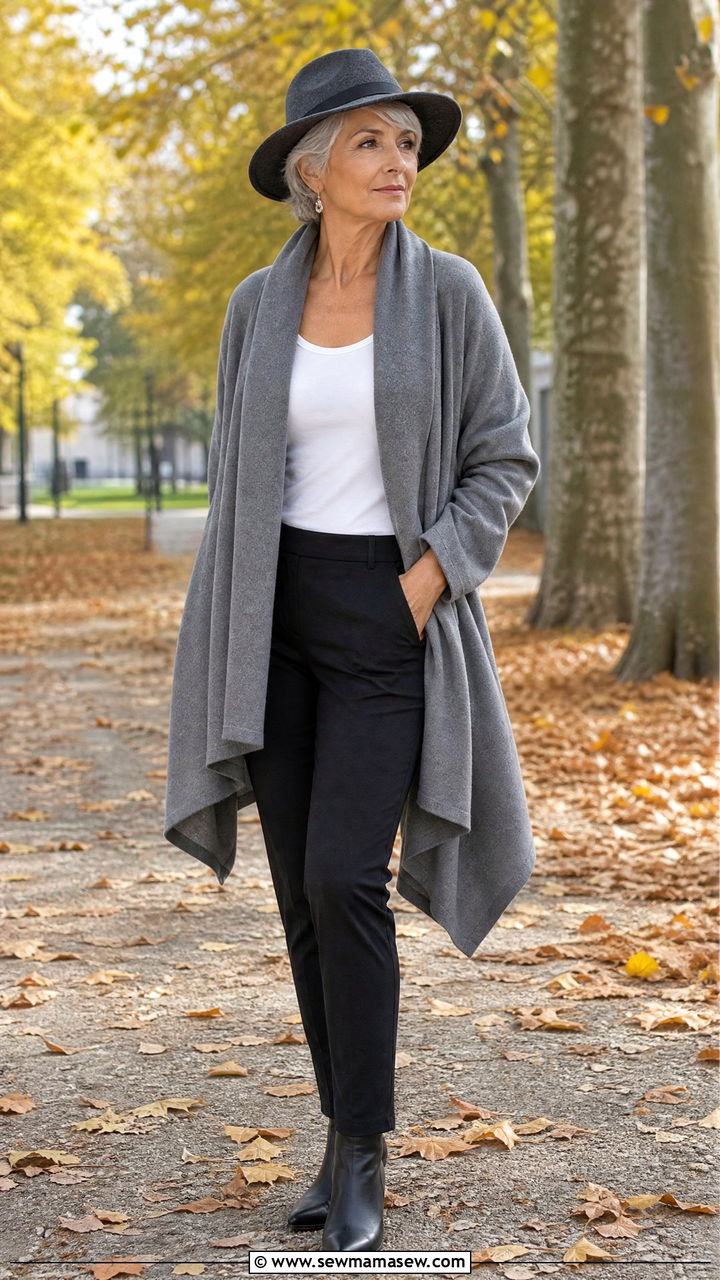 Cashmere wrap with slim black pants - 30 French girl outfit ideas for women over 60