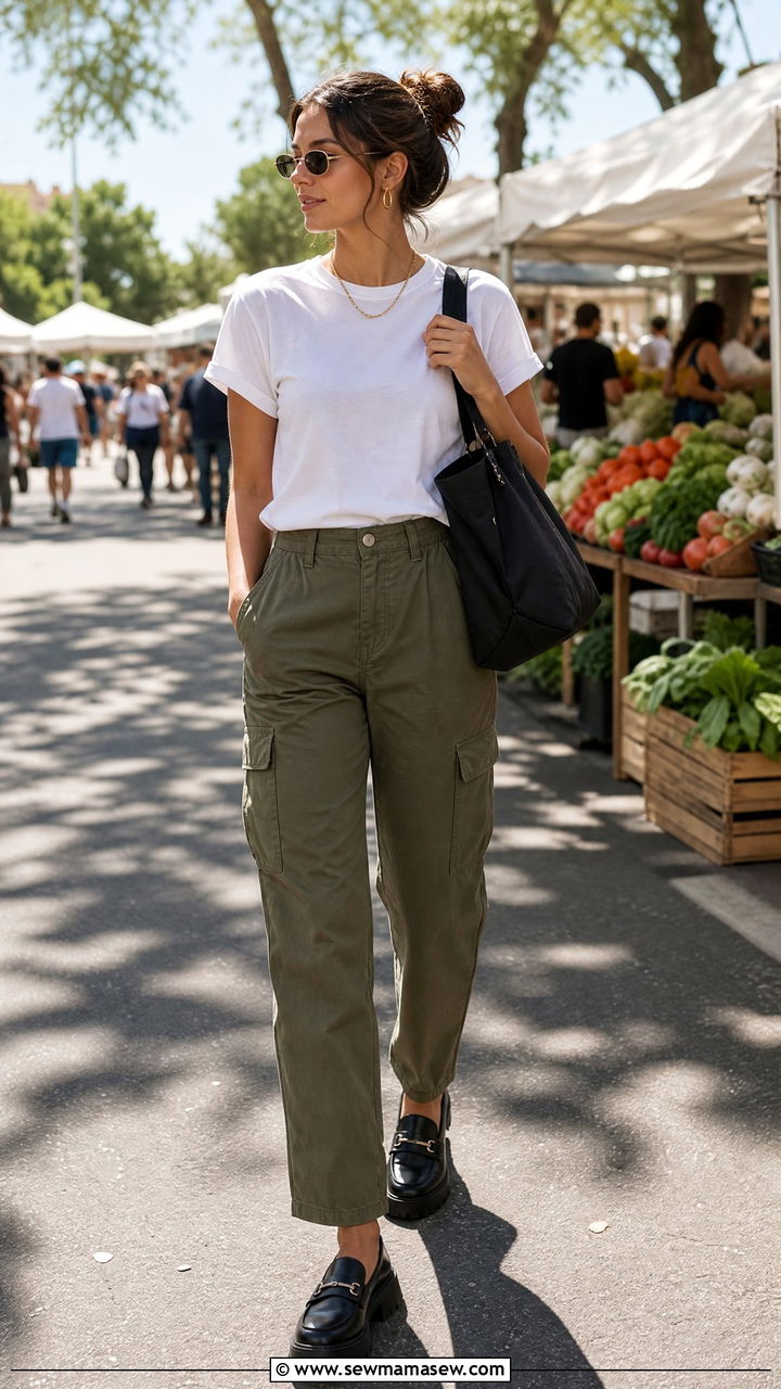 Casual Cargo Pants with White Tee Outfit - 30 casual fashion inspo outfits