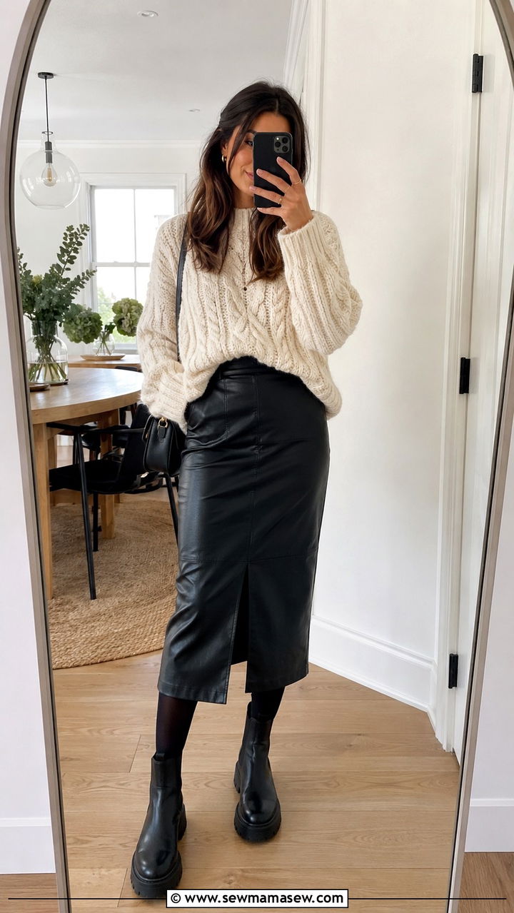 Casual Chunky Knit with Leather Skirt Outfit - 30 casual fashion inspo outfits