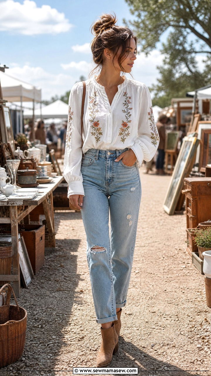 Casual Cottagecore Embroidered Blouse And Distressed Jeans - 25 casual cottagecore outfits